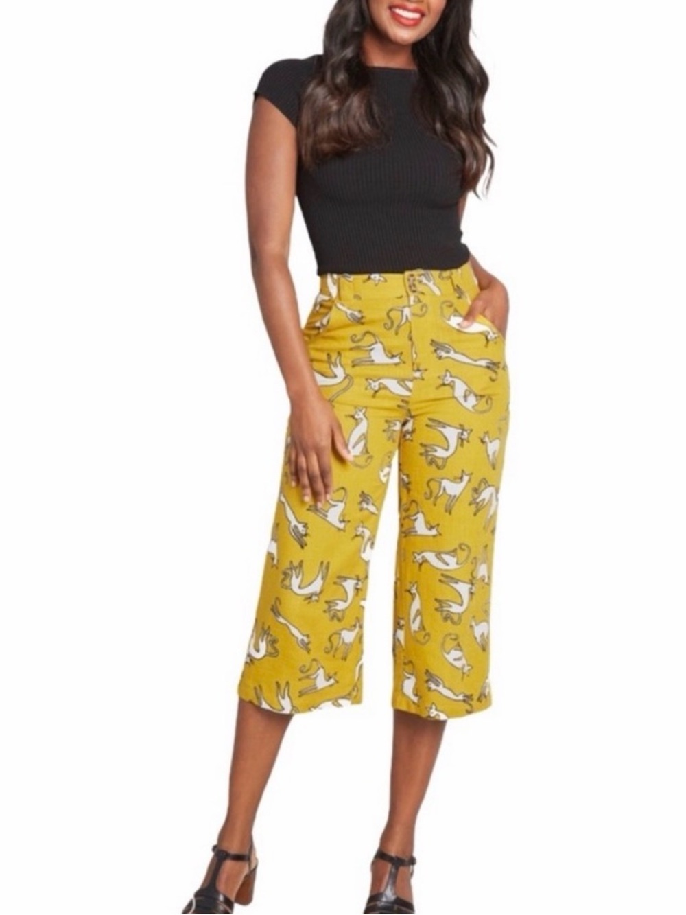 Modcloth Mustard Cropped Culottes with White Cat Print
